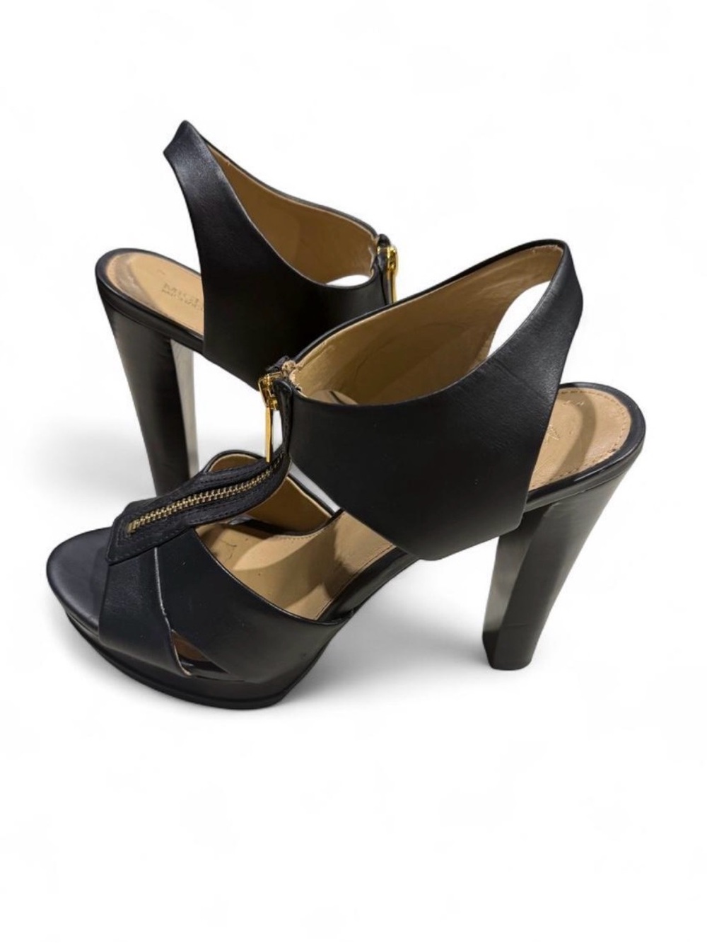 Michael Kors Berkley Mid Platform Sandals Black Leather Gold Zip Size 8.5